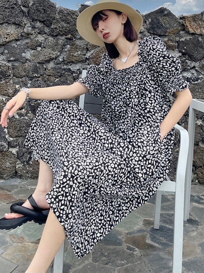 Fashion Floral Printed Square-Neck Puff Sleeves A-Line Midi Dress