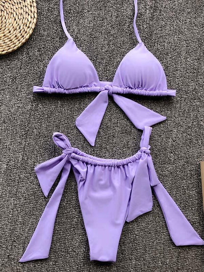 Triangle Top Ruched Plain Bikini Set