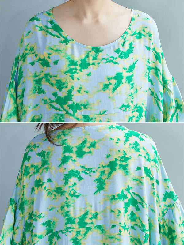 Stylish Printed Round-Neck Batwing Sleeve Midi Dress