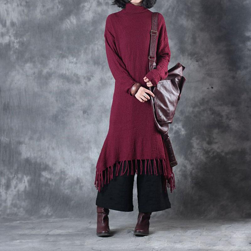 Autumn Winter Tassel Fitting Wine Red Dress For Women