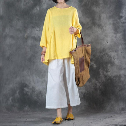 Custom made Folded Women Loose Casual Linen Summer Yellow Shirt