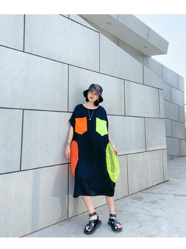 CHIFFON CONTRAST COLOR ASYMMETRIC LONG BLOUSE