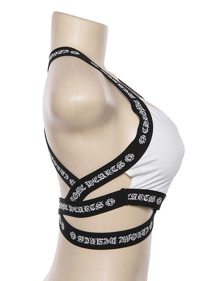 Halterneck Letter Printed Sport Tanks