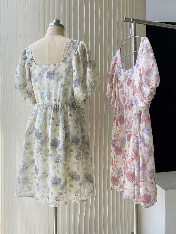 Original Floral Printed Square-Neck Puff Sleeve Mini Dress