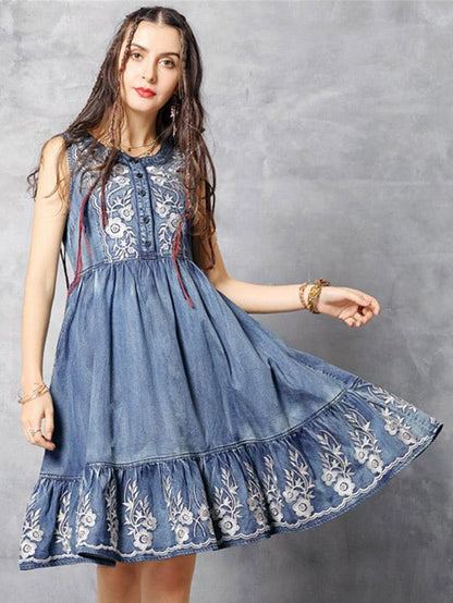 2019 Summer New Vintage Embroidery Falbala  Dress