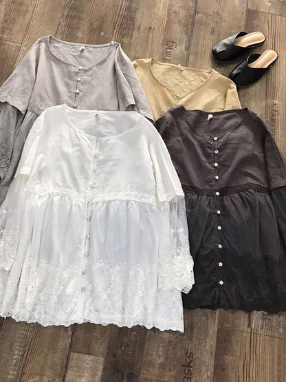 Retro Lace Embroidered Gauze Sleeves Shirt