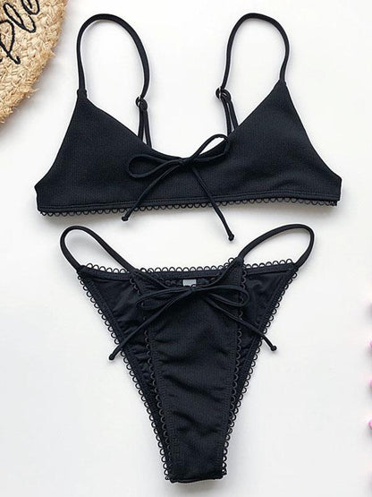 Solid Color Bow Bikini Swimsuit