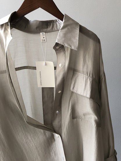 Casual Loose Solid Color Lapel Collar Long Sleeves Shirts