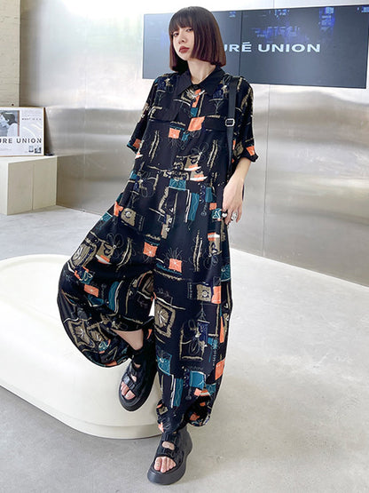Stylish Printed Belted Split-Side Lapel Short Sleeves Jumpsuits
