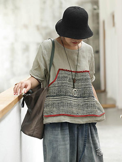Retro Linen Pocket Split-side T-shirt