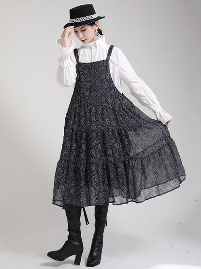 Original Floral Printed Pleated Square-Neck Sleeveless Slip Dress