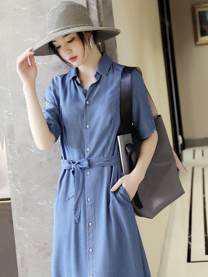 Urban Denim Blue Belted Lapel Short Sleeves Oversize Midi Dress