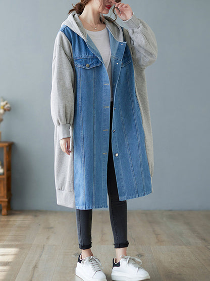 Casual Cotton Denim Split-Joint Hooded Outerwear