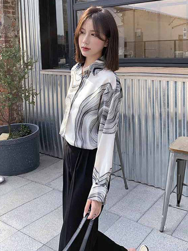 Urban Printed Buttoned Asymmetric Lapel Blouses Tops