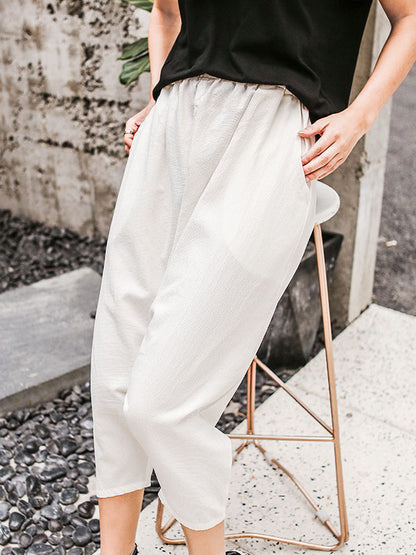 Casual Loose Ramie Cotton Solid Color Elasticity Waist Wide Legs Harem Pants