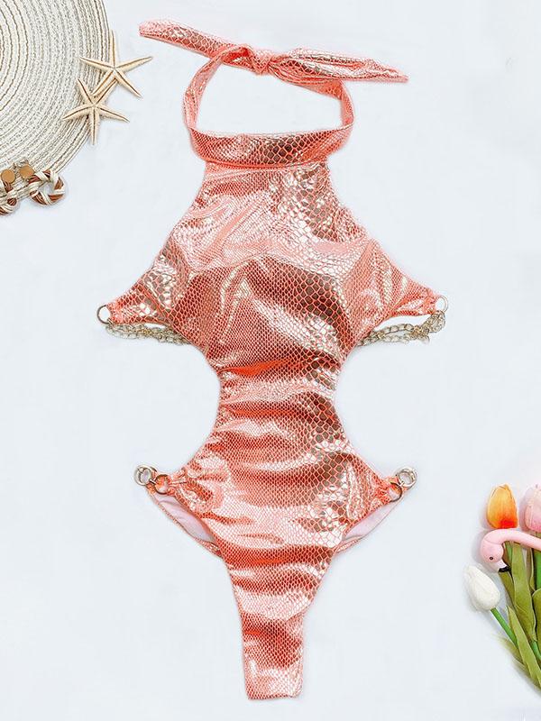 Stand Collar Snake-Print Backless One-Piece Swimwear