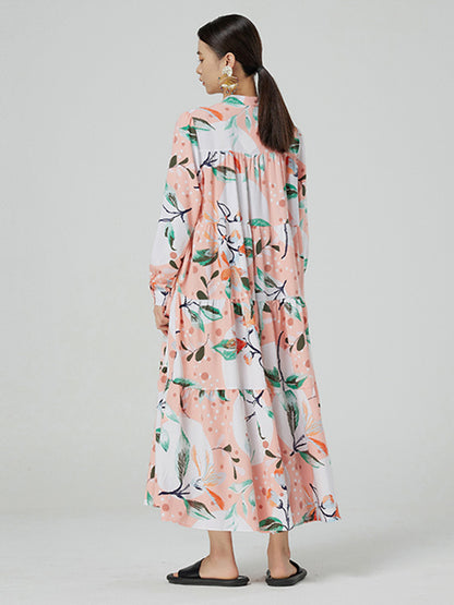 Stylish Buttoned Printed Loose Long Sleeves Midi Dress