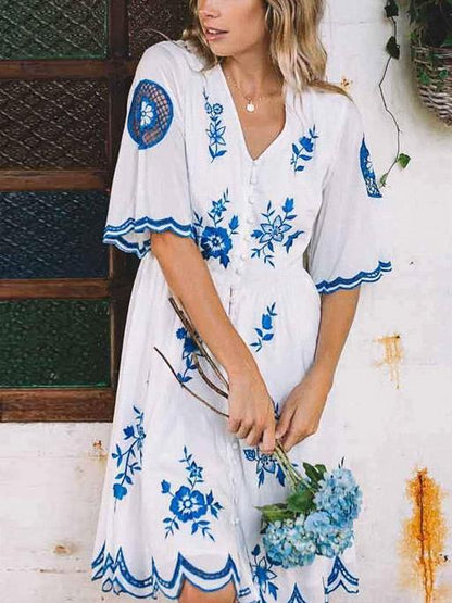 Bohemia Embroidered Hollow  Lace-trimmed Cotton Midi Dress