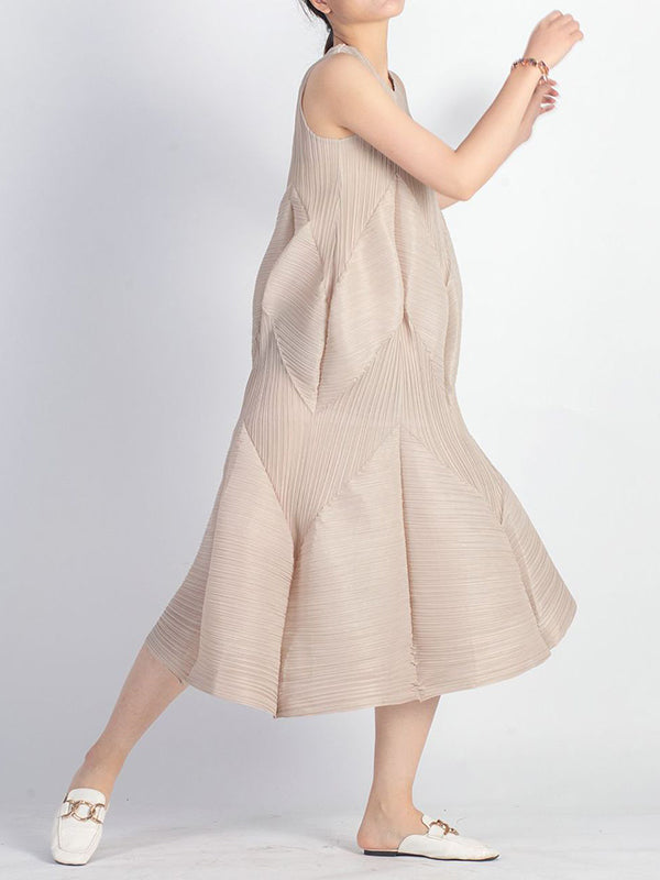 Casual Sleeveless Loose Pleated Solid Color Round-Neck Midi Dresses