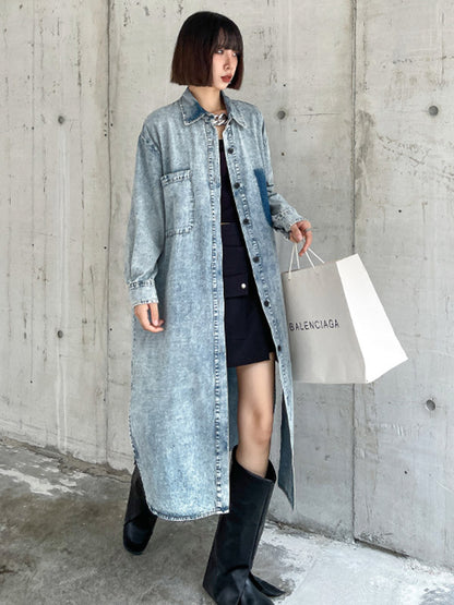 Simple Cool Raw Denim Split-Side Split-Joint With Pocket Buttoned Lapel Collar Long Sleeves Midi Shirt Dress