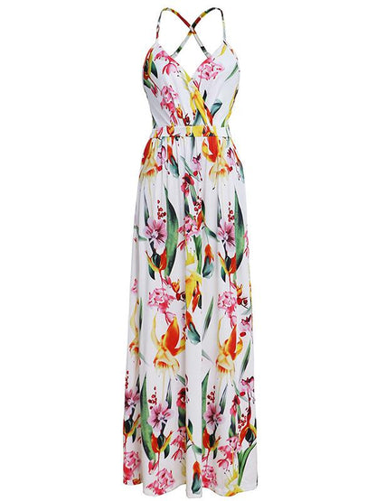 V-neck Backless Floral Printed Maxi Dress