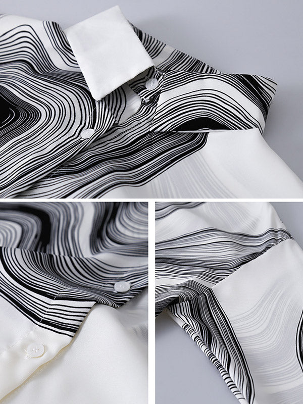 Urban Printed Buttoned Asymmetric Lapel Blouses Tops