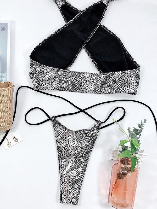 Snake-Print Bandage Split Bikini Swimsuit