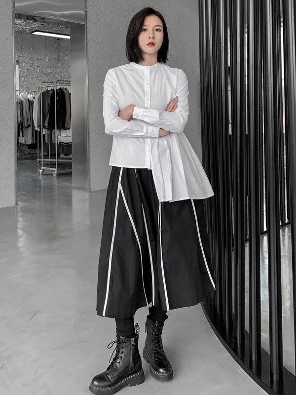 Stylish Irregular Solid Color Split-Joint Pleated Buttoned Stand Collar Long Sleeves Blouse