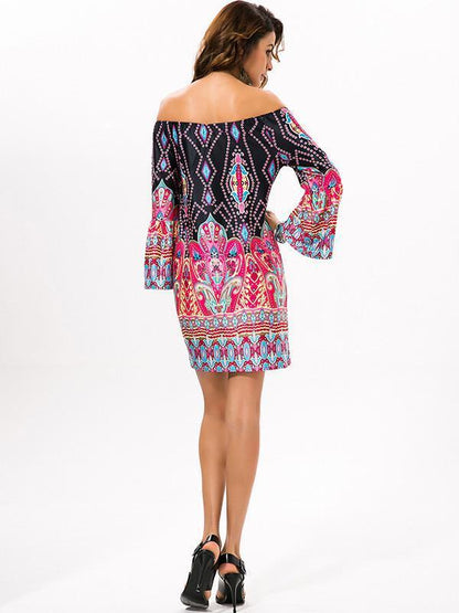 Beautiful Floral Bohemia Off Shoulder Long Trumpet Sleeve Bodycon Mini Dress