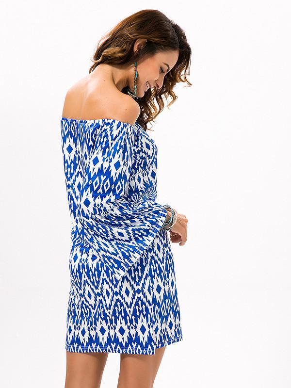 Pretty Floral Bohemia Off Shoulder Long Trumpet Sleeve Bodycon Mini Dress