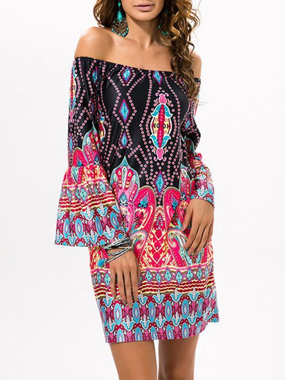Beautiful Floral Bohemia Off Shoulder Long Trumpet Sleeve Bodycon Mini Dress