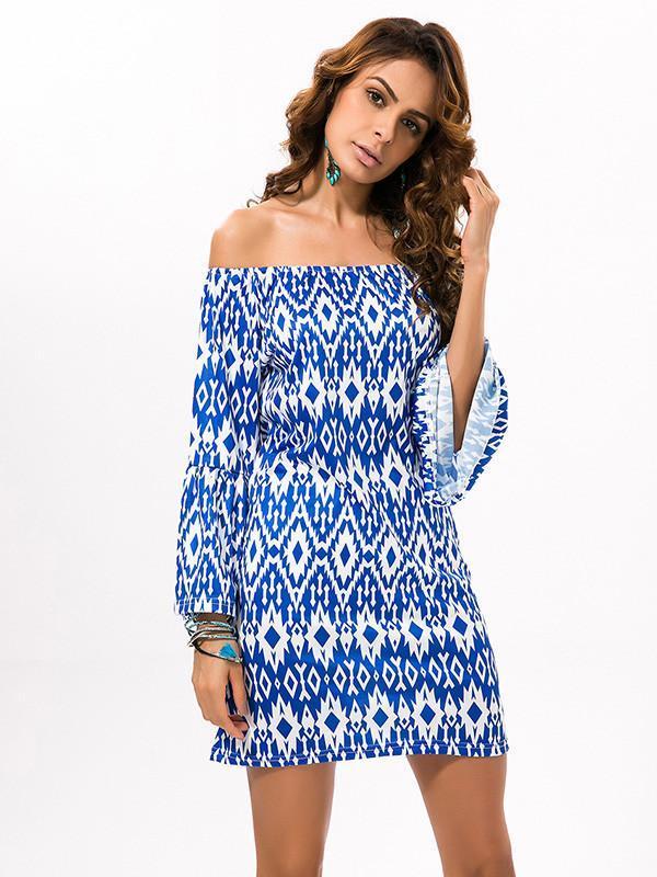 Pretty Floral Bohemia Off Shoulder Long Trumpet Sleeve Bodycon Mini Dress