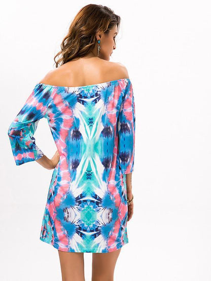 Fashion Floral Bohemia Off Shoulder Long Trumpet Sleeve Bodycon Mini Dress
