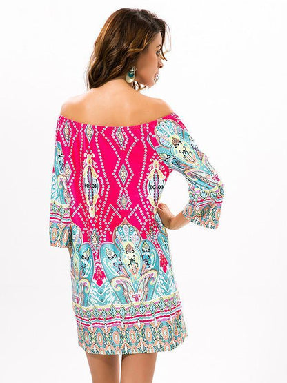 Beautiful Floral Bohemia Off Shoulder Long Trumpet Sleeve Bodycon Mini Dress