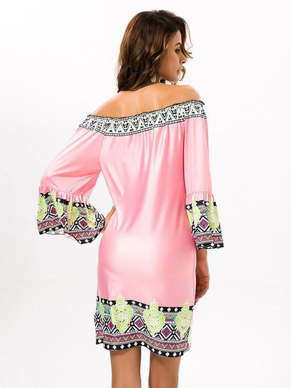 Pretty Floral Bohemia Off Shoulder Long Trumpet Sleeve Bodycon Mini Dress