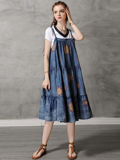 Vintage Denim Embroidery Braces Dress