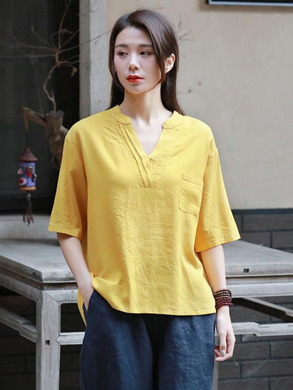 Retro Cotton V-neck T-shirt