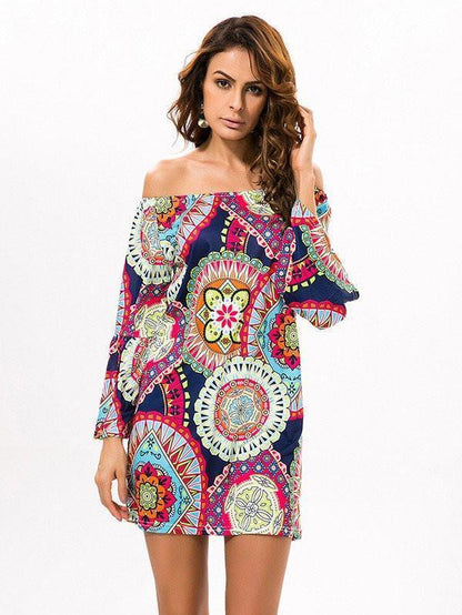 Fashion Floral Bohemia Off Shoulder Long Trumpet Sleeve Bodycon Mini Dress