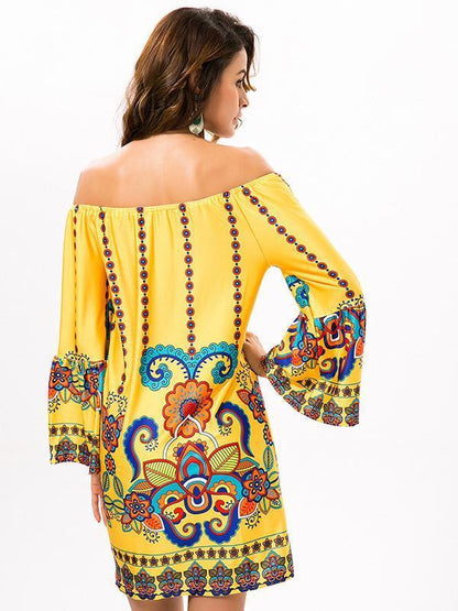 Pretty Floral Bohemia Off Shoulder Long Trumpet Sleeve Bodycon Mini Dress