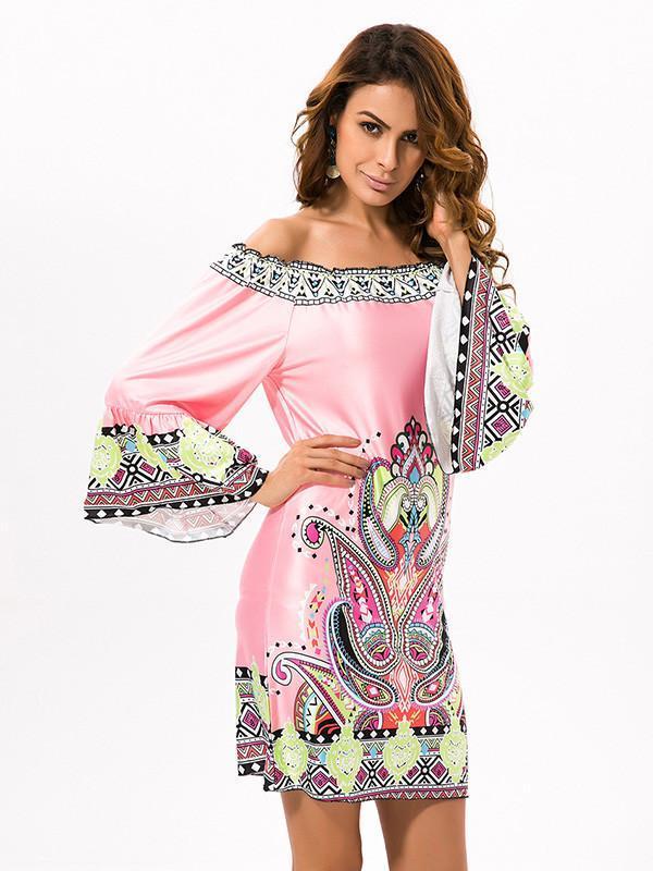 Pretty Floral Bohemia Off Shoulder Long Trumpet Sleeve Bodycon Mini Dress