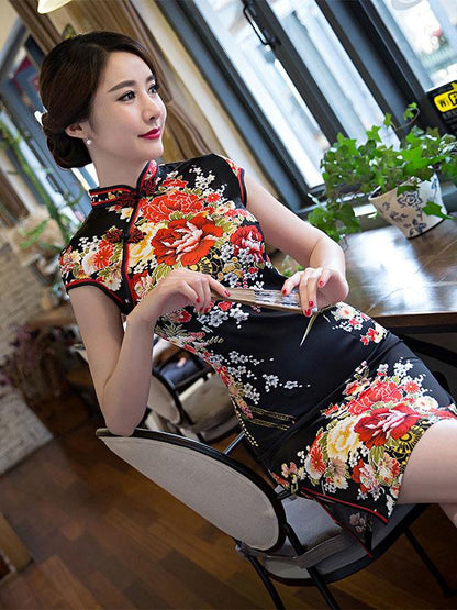 Black Peony Print Short Cheongsam