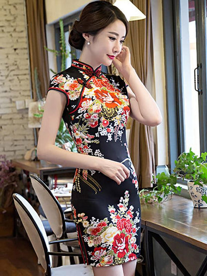Black Peony Print Short Cheongsam