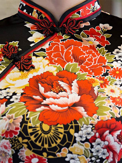 Black Peony Print Short Cheongsam