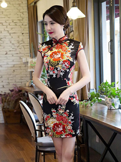 Black Peony Print Short Cheongsam