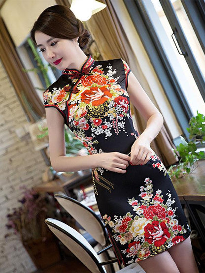 Black Peony Print Short Cheongsam