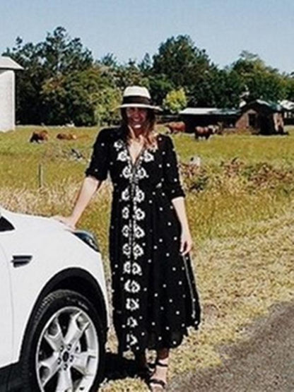 Simple Embroidered V-neck Maxi Dress
