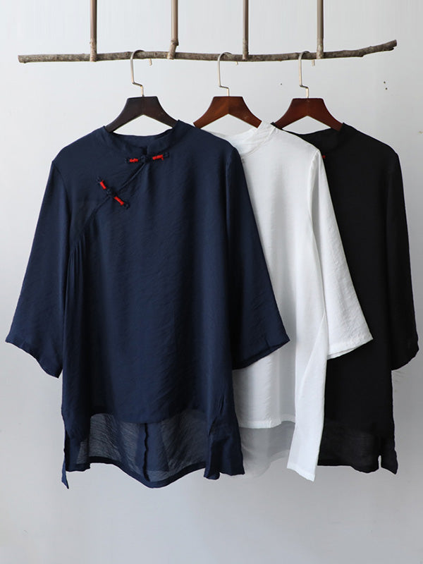 Vintage Tencel Buttoned Stand Collar High-Low Half Sleeves T-Shirt