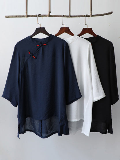 Vintage Tencel Buttoned Stand Collar High-Low Half Sleeves T-Shirt
