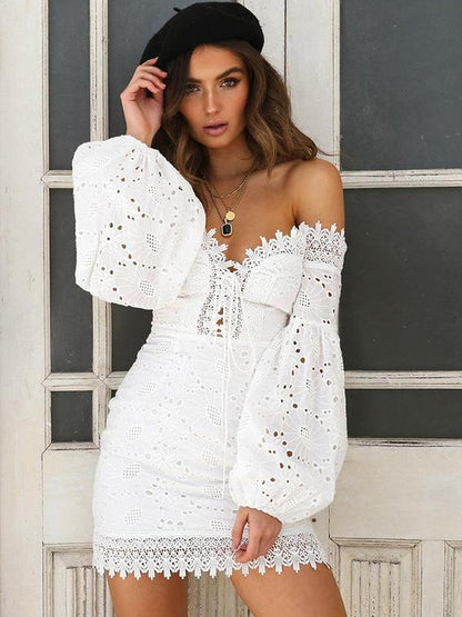 Bohemia Hollow Puff Sleeves Mini Dresses