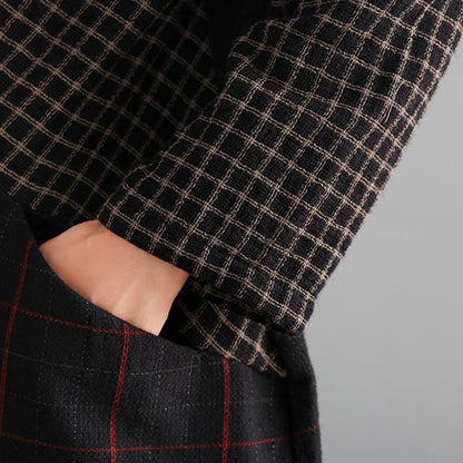 Buykud Cross Splicing Plaid Lacing Retro Casual Dress